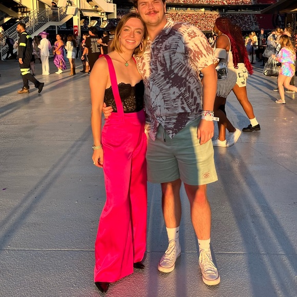 dMn Paris Pink Silk Overall Wide Leg High Rise Pants Size 34 - Picture 4 of 5